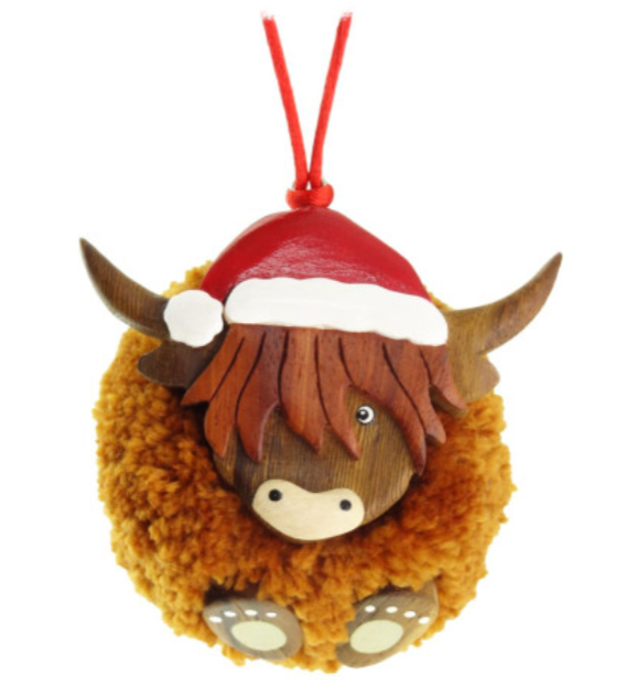 Highland Cow Santa Pom Pom Decoration