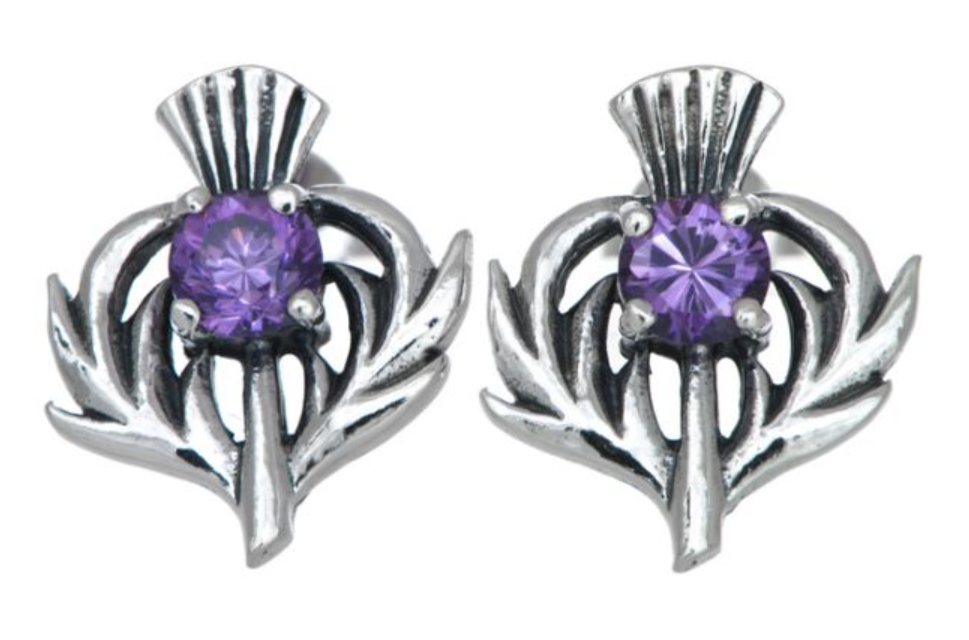 Sterling Silver Amethyst Purple Colour Stone Scottish Thistle Stud Earrings