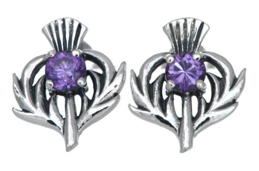 Sterling Silver Amethyst Purple Colour Stone Scottish Thistle Stud Earrings
