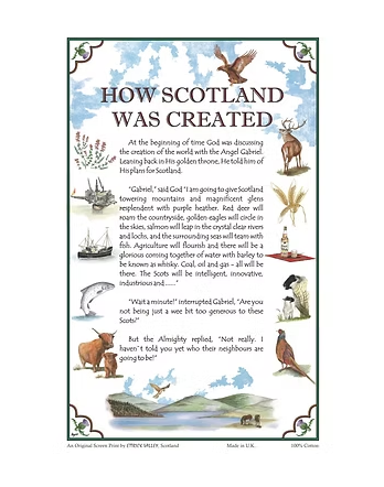 How Scotland Was Created Tea Towel by Ettrick Valley, Scotland