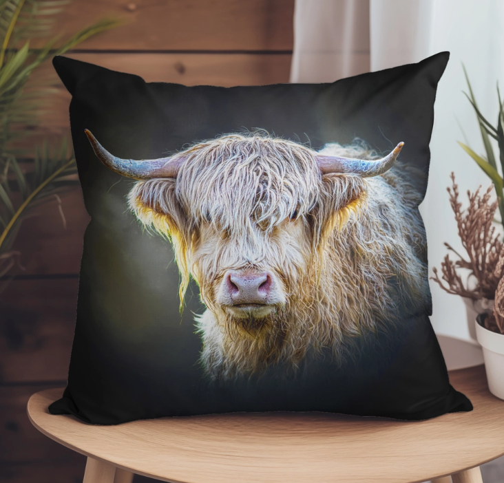 Shadow Gaze Highland Cow Vegan Suede Cushion Cover