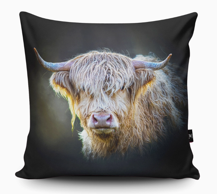 Shadow Gaze Highland Cow Vegan Suede Cushion Cover